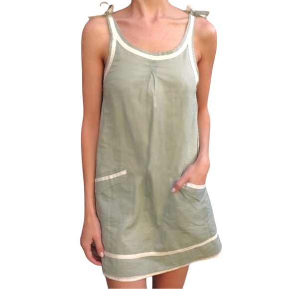 Y2K Rag & Bone Green Cream Linen Sleeveless Babydoll Mini Dress / Tunic • 2 / XS - Picture 5 of 15